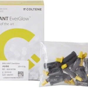 BRILLIANT EverGlow™ Tips A2/B2 in Verpackung mit gelben Applikationsspitzen.