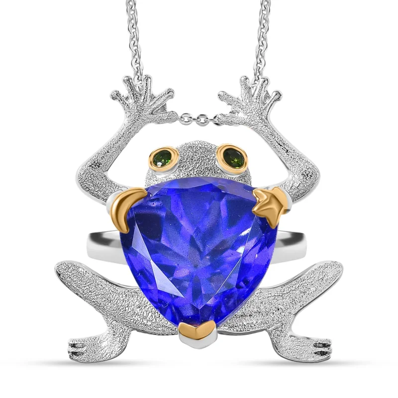 GP Trionfo Kollektion - Tansanit-Farbe Quarz, Natürlicher Chromdiopsid Anhänger mit Kette, ca. 50 cm 925 Silber Rhodiniert und 750 Gelbgold Vermeil ca. 12.17 ct