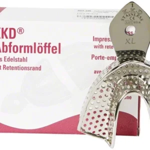 Abformlöffel perforiert UK-1 XL aus Edelstahl vor Verpackung.