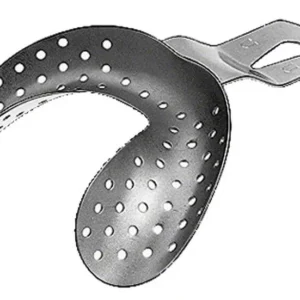 Abformlöffel aus Edelstahl mit Löchern und ergonomischem Griff.