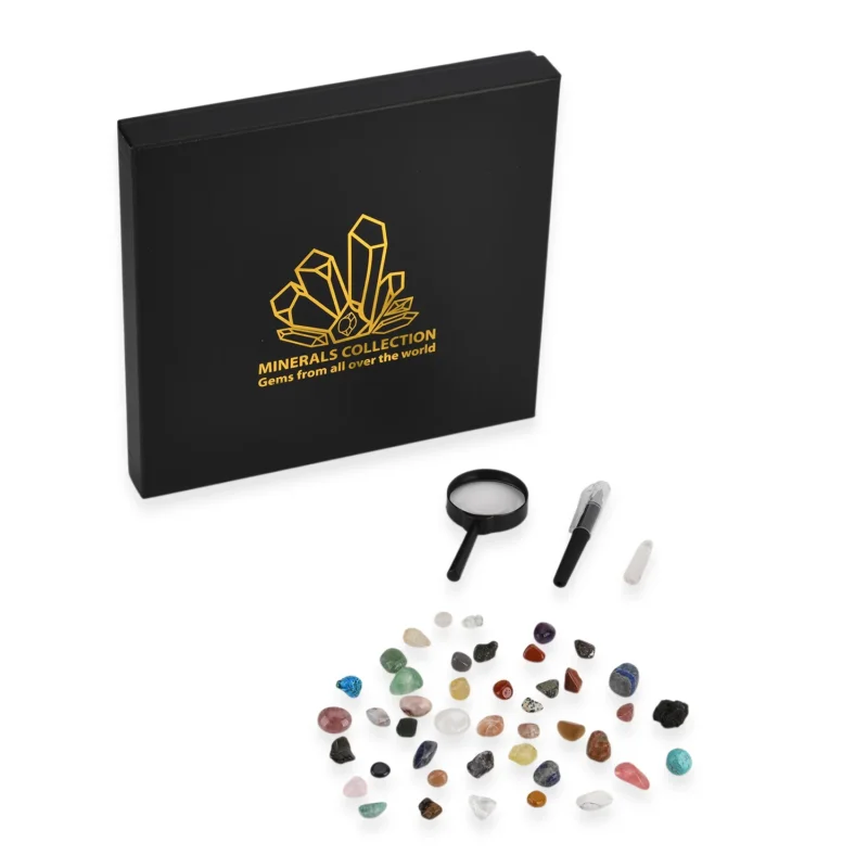 Minerals Collection 45pcs 1pcs Clear Quartz, size about 2-3cm 42pcs different stones, size about 1cm 1pc Black pen(10.5cm L,4.13inch L) 1pc 5X Magnifying glass(10.5x5cm,4.13x1.96inch) 1pc Instruction manual in English version Box size: about 26.5*25.5*3