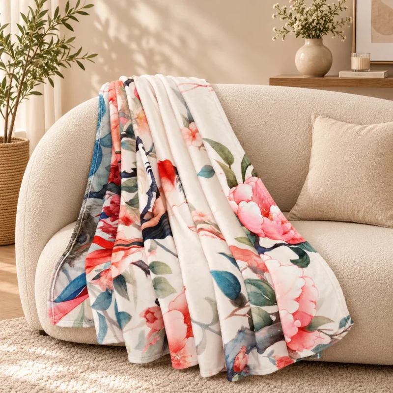 LIVMORE SPACES Flanell-Kuscheldecke mit Digitaldruck, 150x200cm, Blumen- und Vogelmotiv