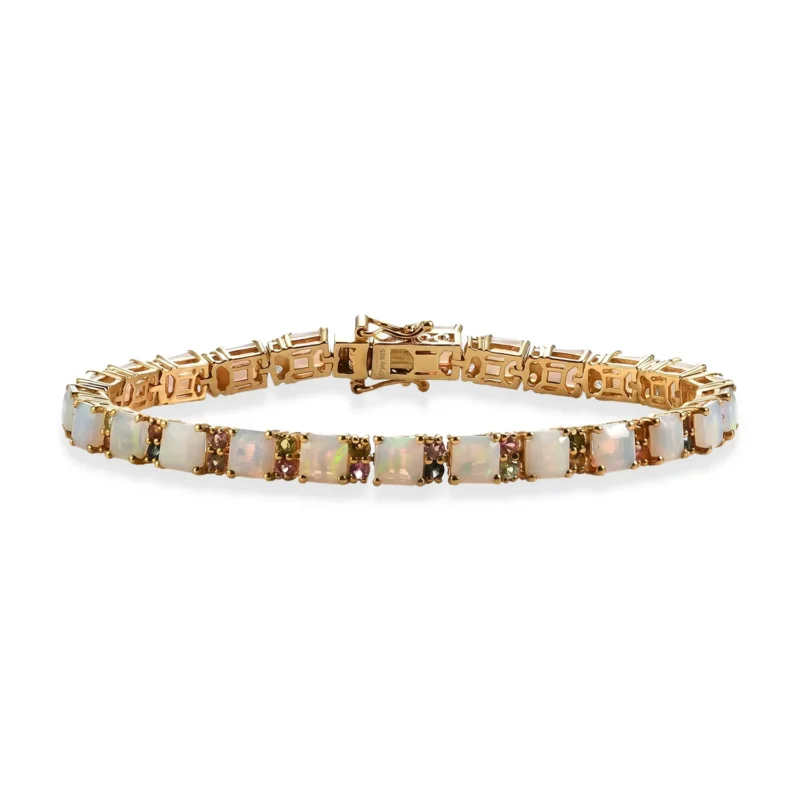 EXKLUSIVES ASSCHERSCHLIFF OPAL - D'Joy AA Natürlicher, äthiopischer Welo Opal, Blauer Turmalin Armband ca. 19 cm 925 Silber 750 Gelbgold vermeil ca. 13.34 ct