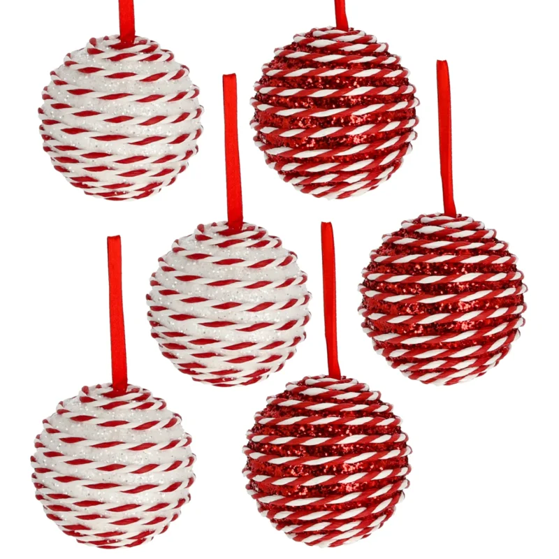 6er Set Christbaumkugeln Rot Weiß Glitzer 10 cm Christbaumschmuck Dekokugeln modern