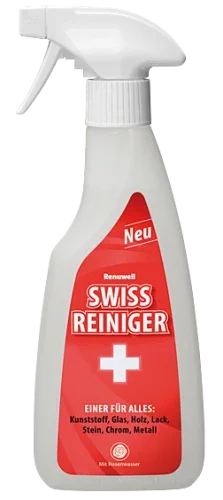Swiss Reiniger 500 ml Sprühflasche mit rotem Etikett und weißem Sprühkopf in Frontansicht.