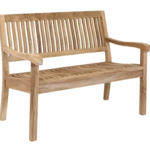 Stabile 2-sitzer Gartenbank Kingsbury in Premium Teak mit senkrechter Rückenlattung und geschwungenen Armlehnen.
