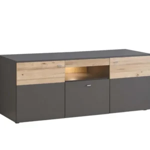 Lowboard COMO in Grau und Planked Eiche mit offener Beleuchtung, Gesamtansicht von vorne.