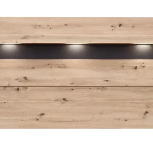 Wandboard MEMPHIS 202 cm Artisan Eiche und Graphit mit horizontalen Holzlamellen und LED-Beleuchtung.