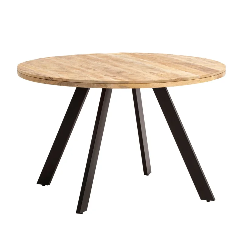 Esstisch Mango Massivholz 120x120cm Rund mit runder Holzplatte und schwarzen Metallbeinen, Gesamtansicht.