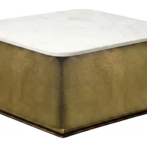 Couchtisch Kubus 60x60 cm mit weißer Marmortischplatte und goldenem Metallgestell, Gesamtansicht.