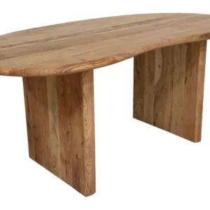 Schreibtisch Akazie Massivholz 180x90 cm Nierenform mit ovaler Tischplatte und zwei massiven Holzbeinen in Gesamtansicht.