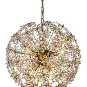Pendelleuchte Cyntha Bronze in Gesamtansicht mit kugeligem Kristallgestell aus Eisen und Kristallbehang, aufgehängt an Kette.