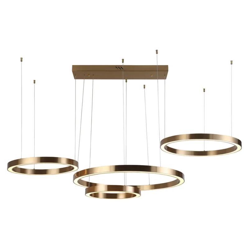 Pendelleuchte Lilou Brushed Gold mit vier ringförmigen Leuchtkörpern in Brushed Gold, Gesamtansicht.