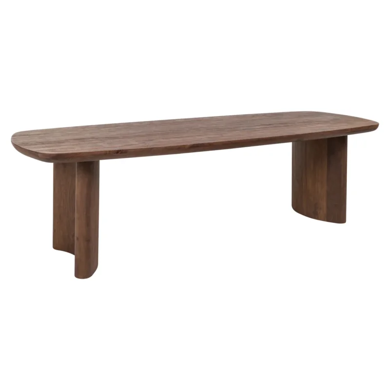 Esstisch Baldwin 270 cm mit abgerundeter Tischplatte aus Mangoholz in Spicebraun, Gesamtansicht von oben.