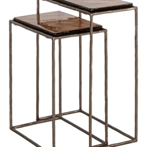 Gesamtansicht des Beistelltisch Villano bronze im 2er-Set mit verschachtelten Glasplatten auf Eisengestell in Bronzeoptik.