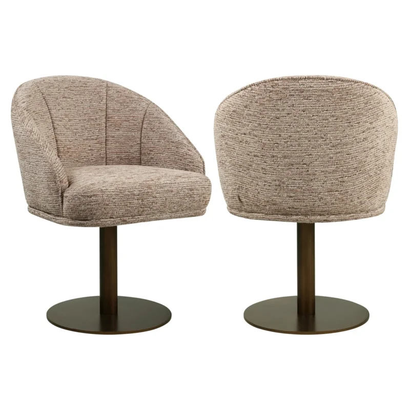 Esszimmerstuhl Beverly mocca linear drehbar mit beigem Polyester-Bezug und dunkelbraunem Metallgestell, Vorder- und Rückansicht.