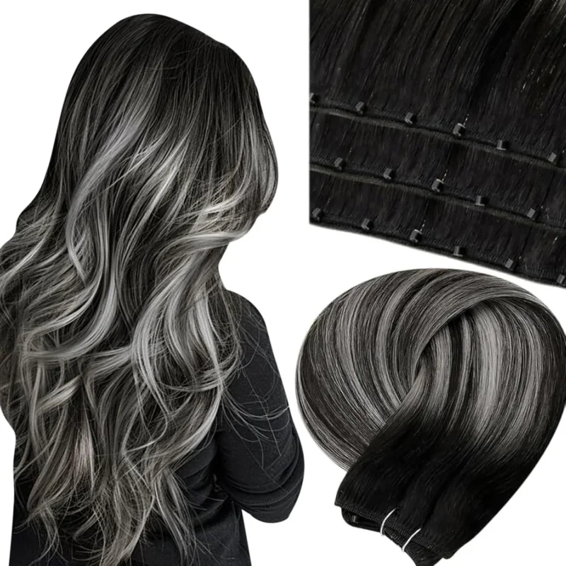 Echthaar Tressen Balayage Schwarz Silber 45cm