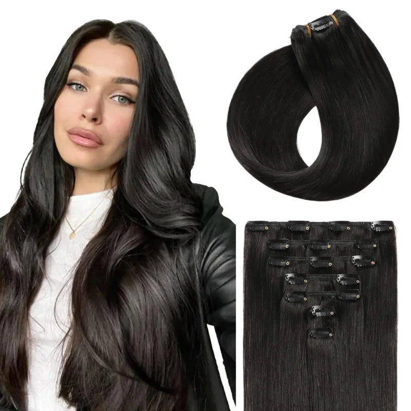 Echthaar Clip-Ins Schwarz – Haarverlängerung 30cm
