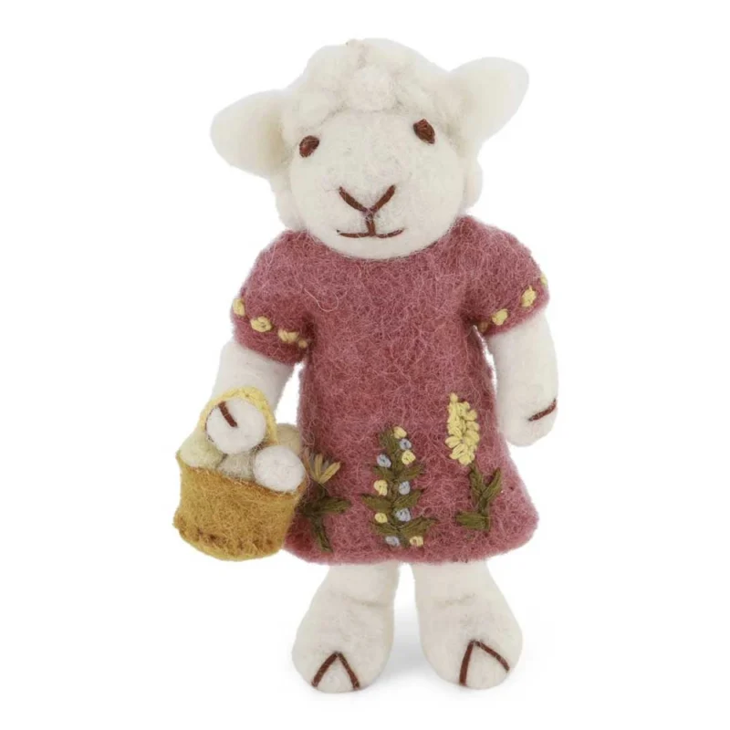 Gry & Sif - Weißes Schaf Filz mit dusty red Kleid & Eierkorb