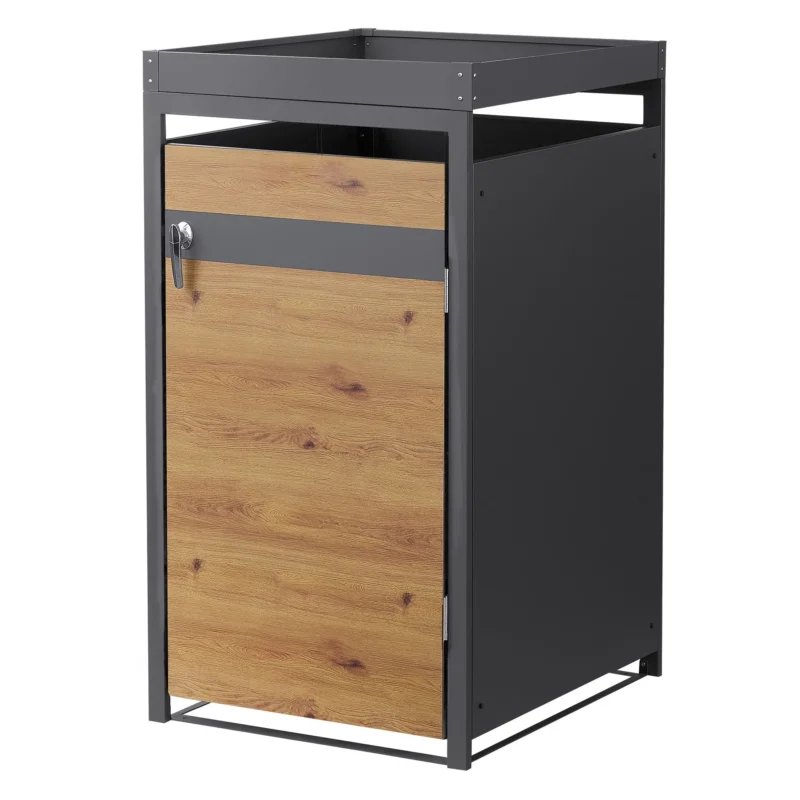 Mülltonnenbox in Holzoptik, mit einer Tür und einem stabilen Rahmen.