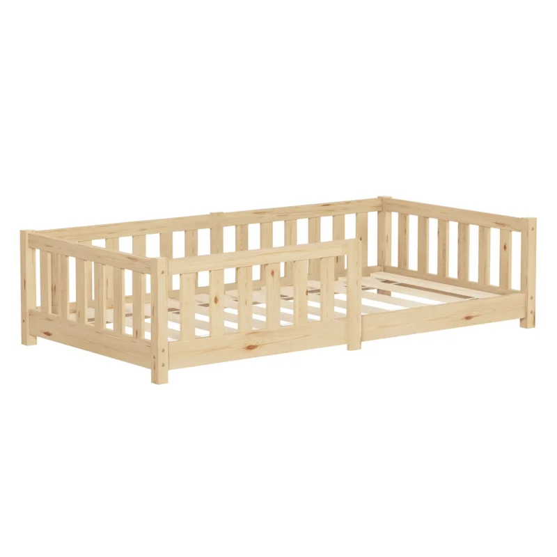 Naturfarbenes Holz-Kinderbett ohne Matratze, 80x160 cm.