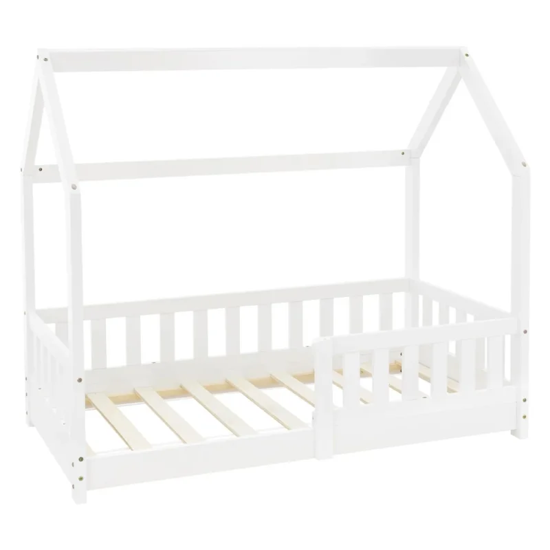 Weißes Holz-Kinderbett mit einem offenen Design und slatted frame.