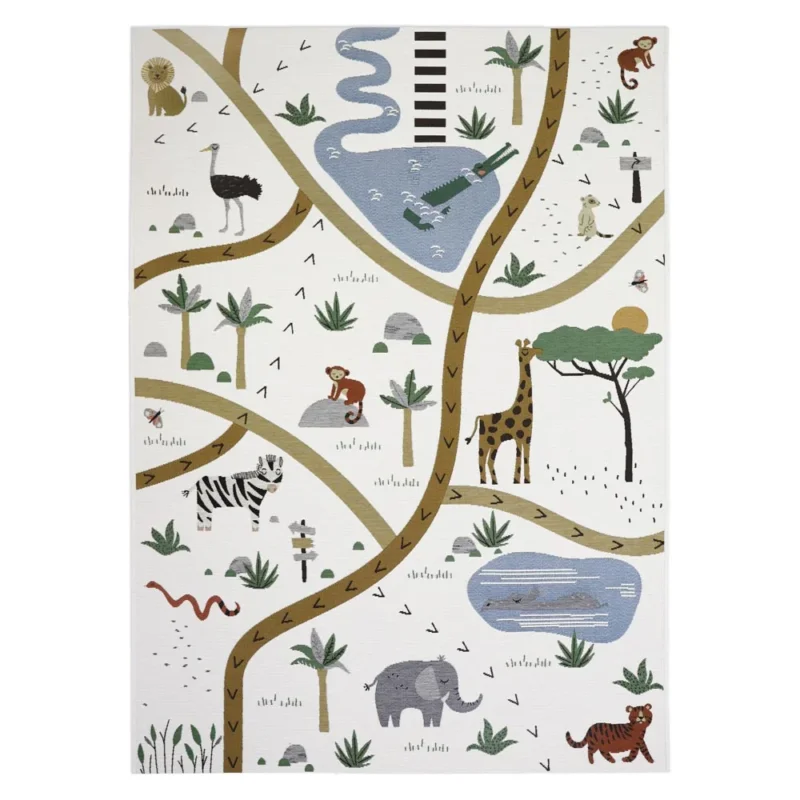 Spielteppich Savanne 123x180 cm für Kinderzimmer und Outdoor mit bunten Tierszenen, pflegeleicht und wasserabweisend für spielerische Abenteuer.