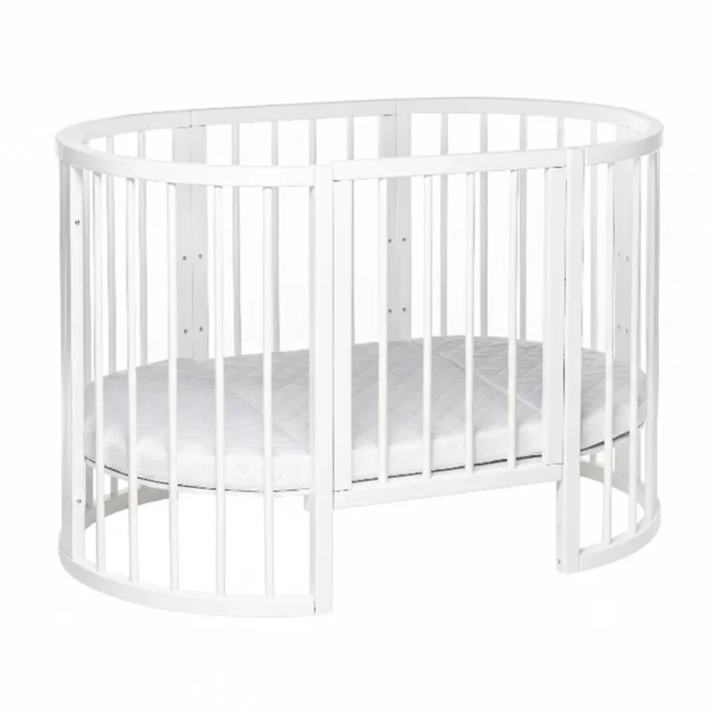 5in1 Babybett Beistellbett Olly aus Buchenholz mit Matratze, Weiß, rundes Kinderbett für das gemütliche Kinderzimmer von Kindersein.