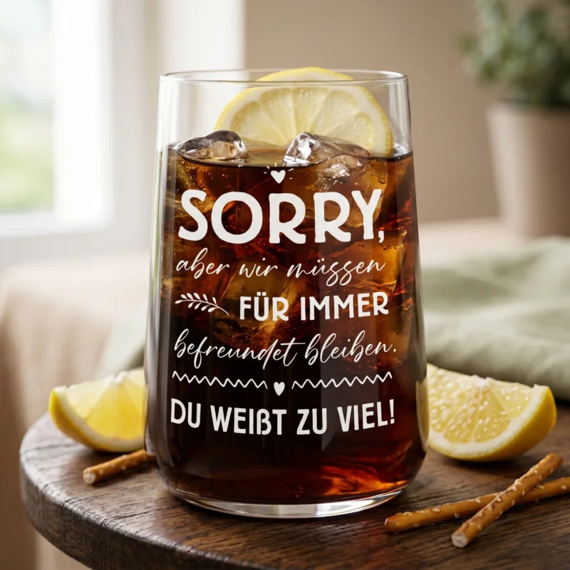 Trinkglas mit Cola, Eiswürfeln, Zitronenscheibe und weißem Spruch „Sorry, aber wir müssen für immer befreundet bleiben“