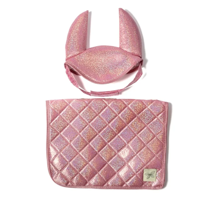 Hobby Horse Satteldecke & Haube für Steckenpferd, rosa Glitzer, schimmerndes Set mit gestepptem Muster und elastischem Kopfstück für fantasievolles Spiel.