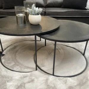 2er Set Couchtisch schwarz Metall, runder Couchtisch, Metall Couchtisch schwarz, Durchmesser 75 cm