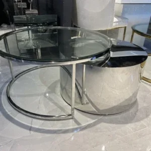 Couchtisch Silber, 2er Set runder Couchtisch verchromt, Glastisch rund, Durchmesser 90 cm