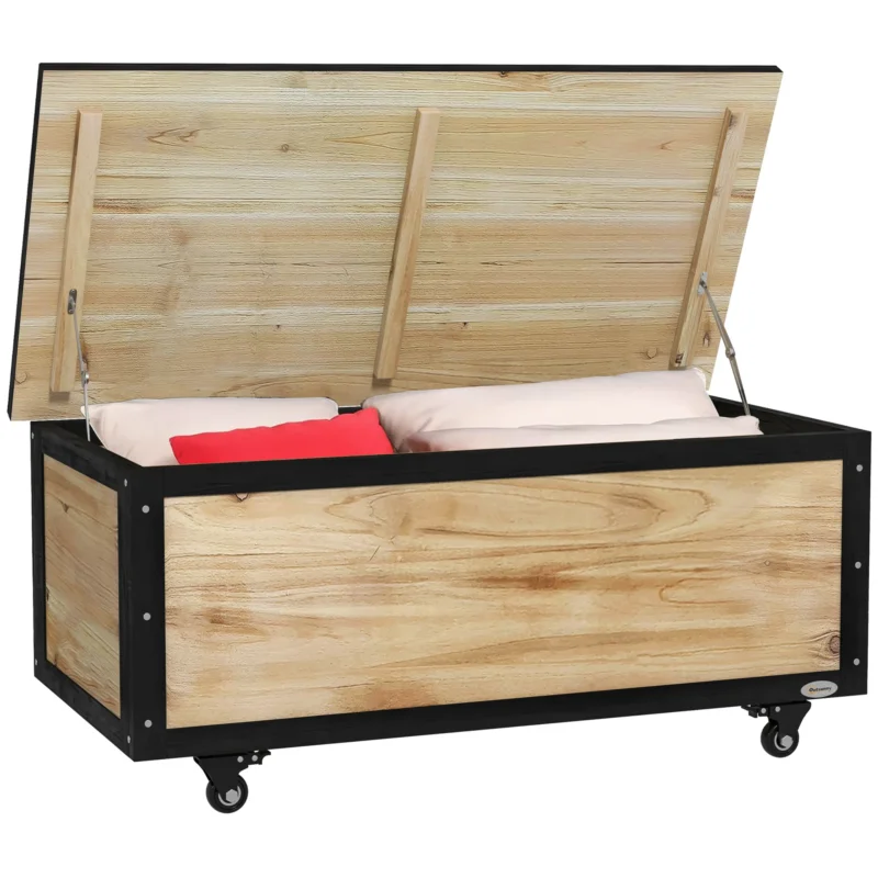 easycomfort easycomfort panca contenitore da 121l con 4 rotelle e maniglie in legno e acciaio 100x50x43cm colore legno