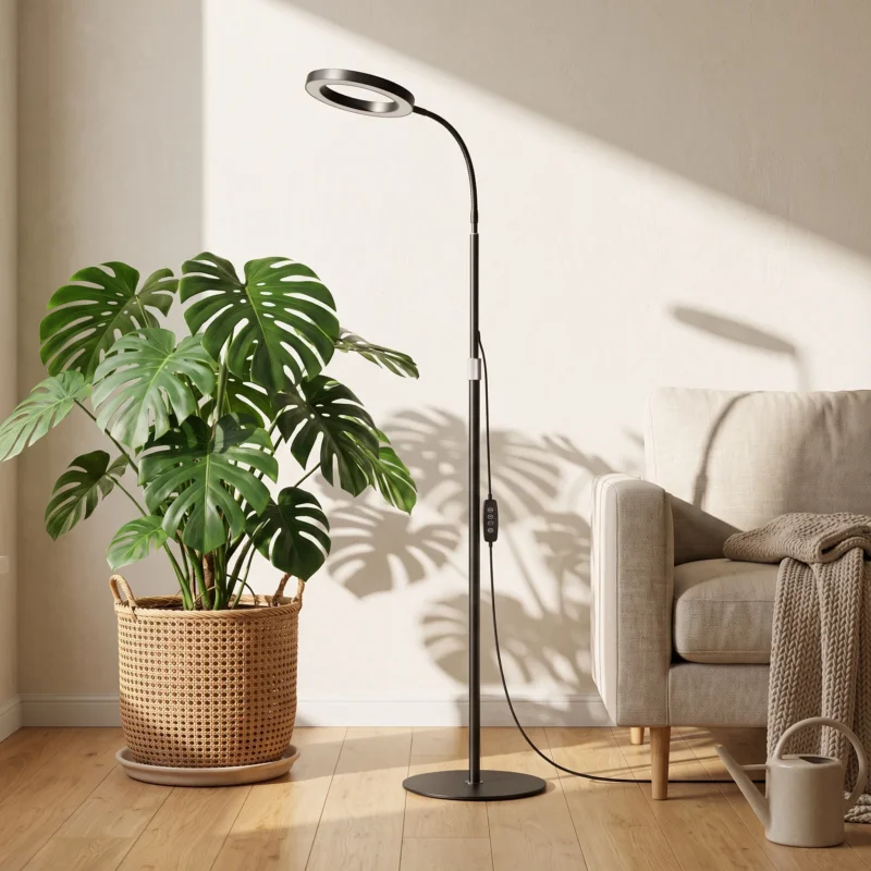 Höhenverstellbare Pflanzenlampe mit Umlauf-Timer, dimmbar in einem hellen Wohnraum