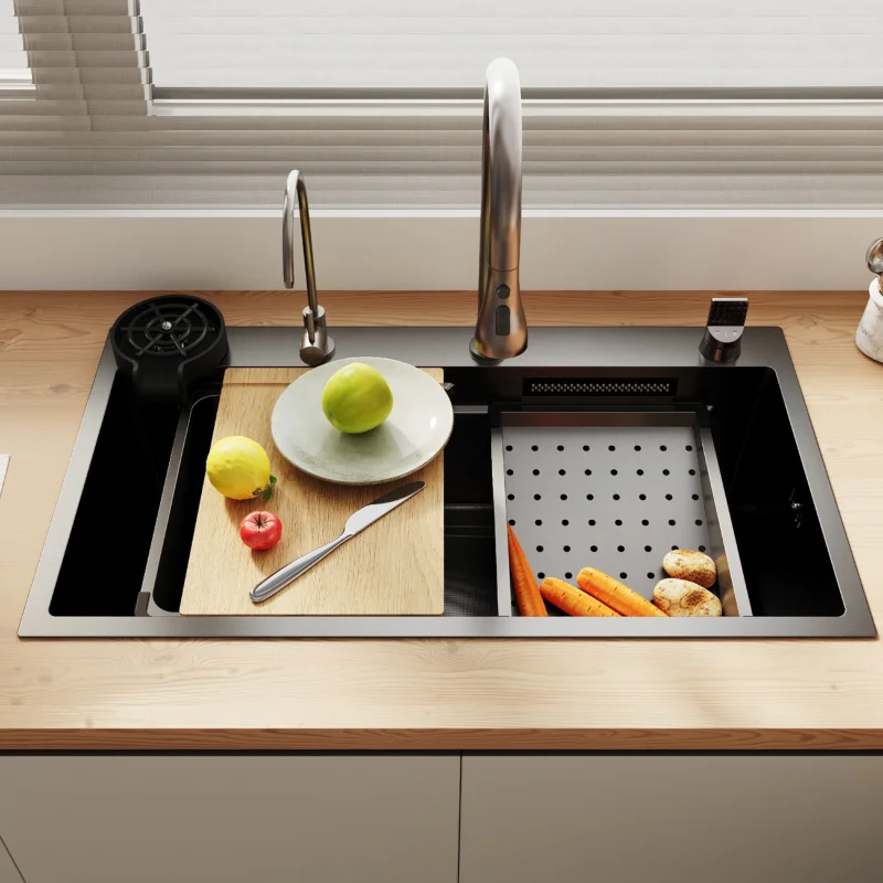 SONNI Spülbecken Einbauspüle Küchenspüle Waschbecken 304 SUS Edelstahl, Schwarz, 75/80×45×26 cm, Unterbauspüle mit 1 Becken, Abtropfkorb, Abfallsieb, Armatur, Schneidebrett, Tassenuntersetzer und Wasserfilterarmatur - Sonni Sanitär GmbH