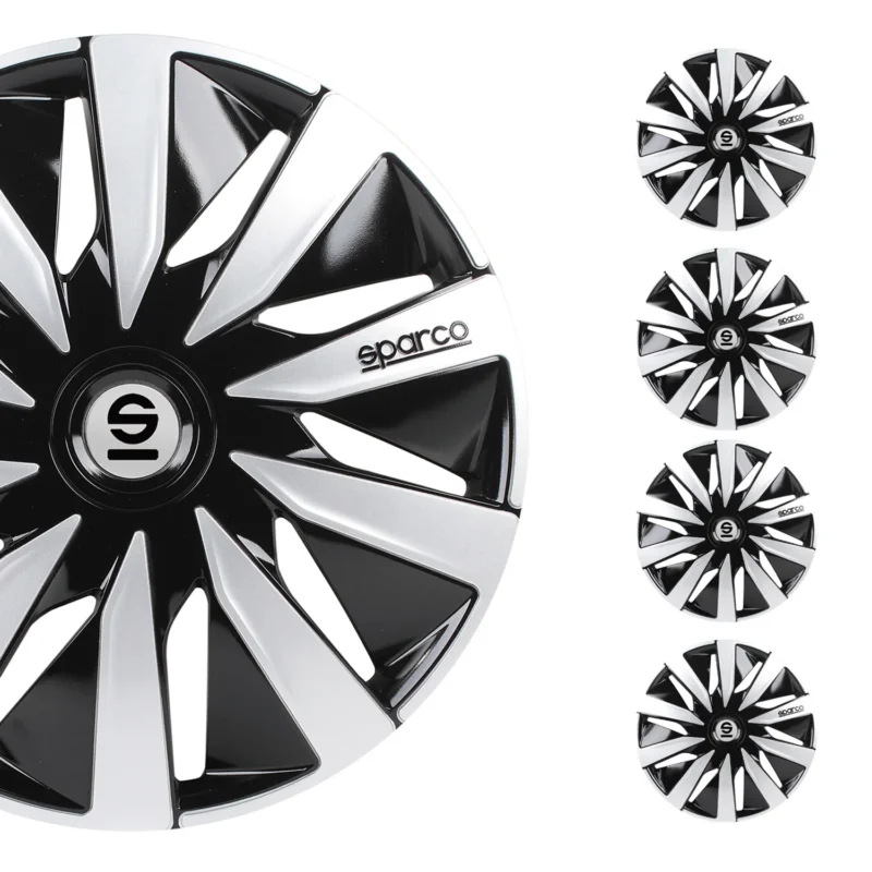 Radkappen Radzierblenden Sparco Lazio 14" Zoll Abdeckung Set Schwarz Silber 4x