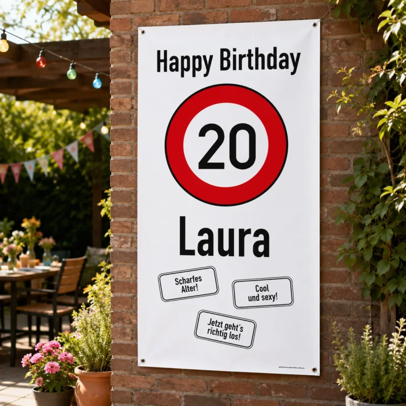 XXL-Banner zum 20. Geburtstag im Hochformat personalisiert mit Name | Verkehrszeichen Motiv