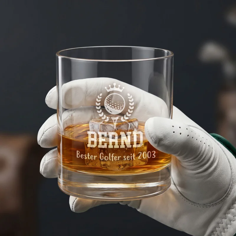 Whiskeyglas mit Golfgravur Bernd Bester Golfer seit 2003 in Hand mit Golfhandschuh